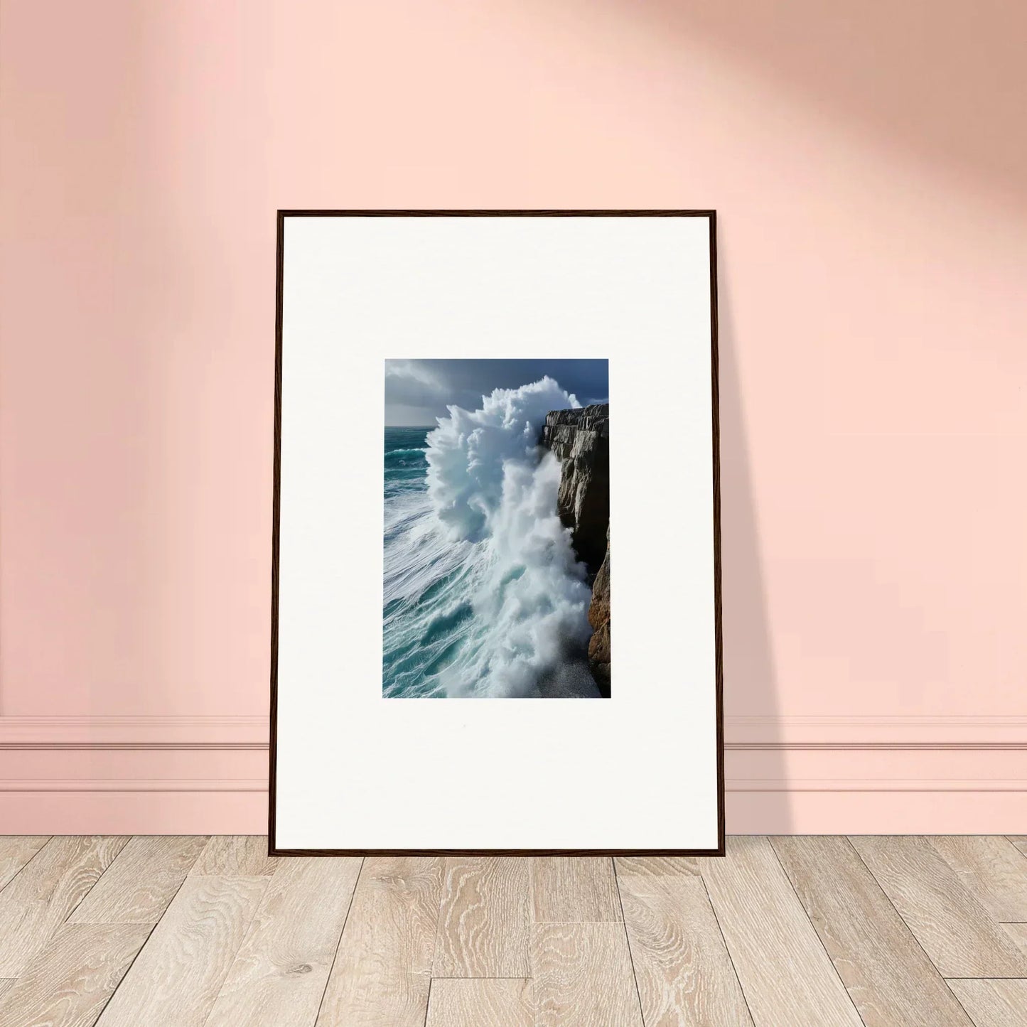 Framed wall art of crashing ocean waves, perfect for aqua resonances room decor