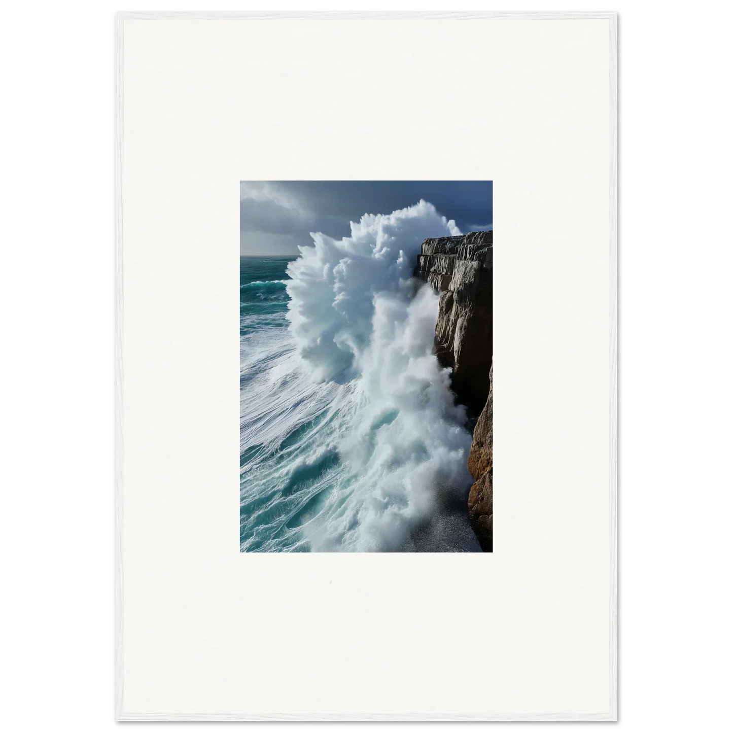 Powerful ocean wave crashing on rocky cliff in framed wall art for aqua resonances room decor