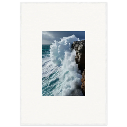 Powerful ocean wave crashing on rocky cliff in framed wall art for aqua resonances room decor