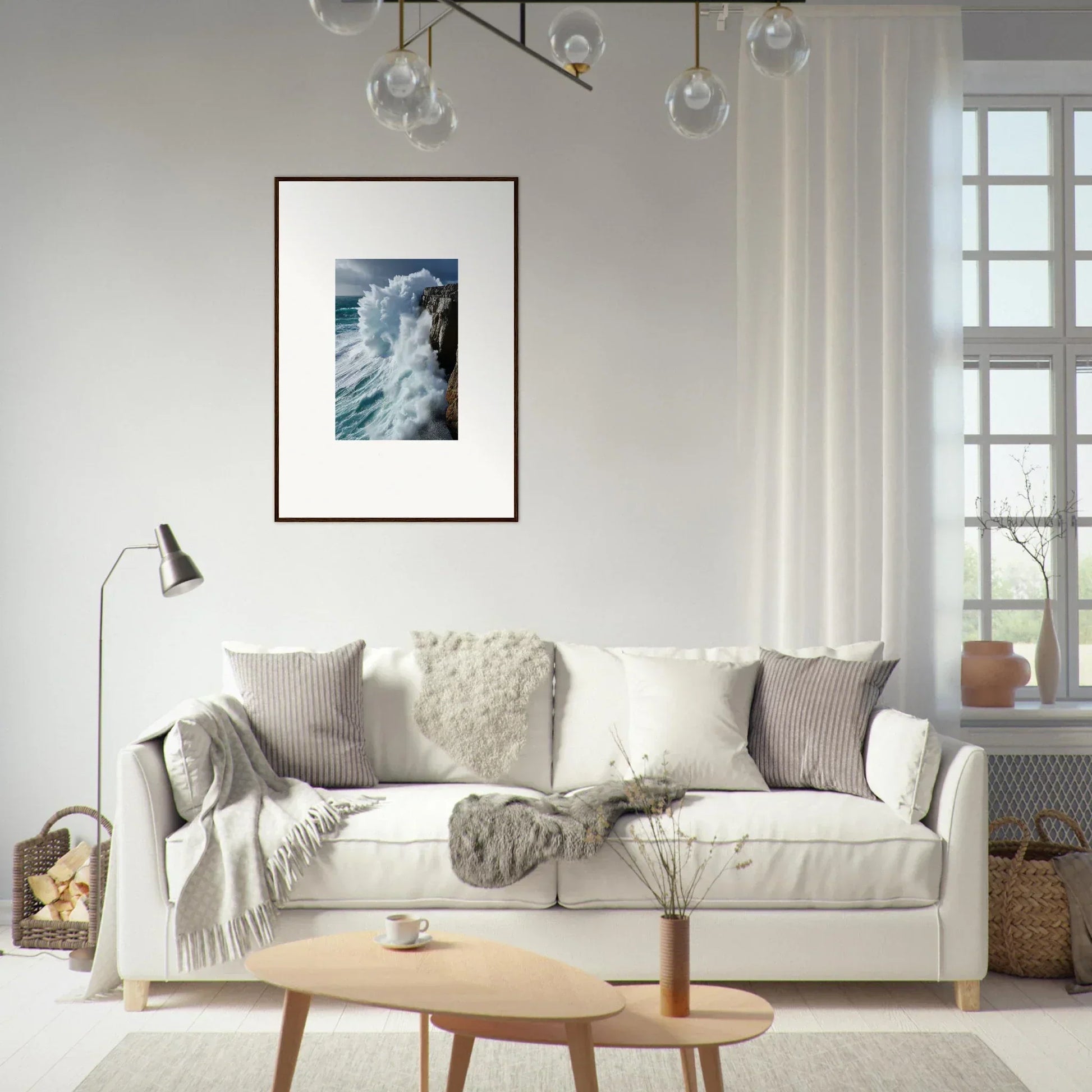 White sofa with throw pillows and blankets enhancing Aqua Resonances room decor