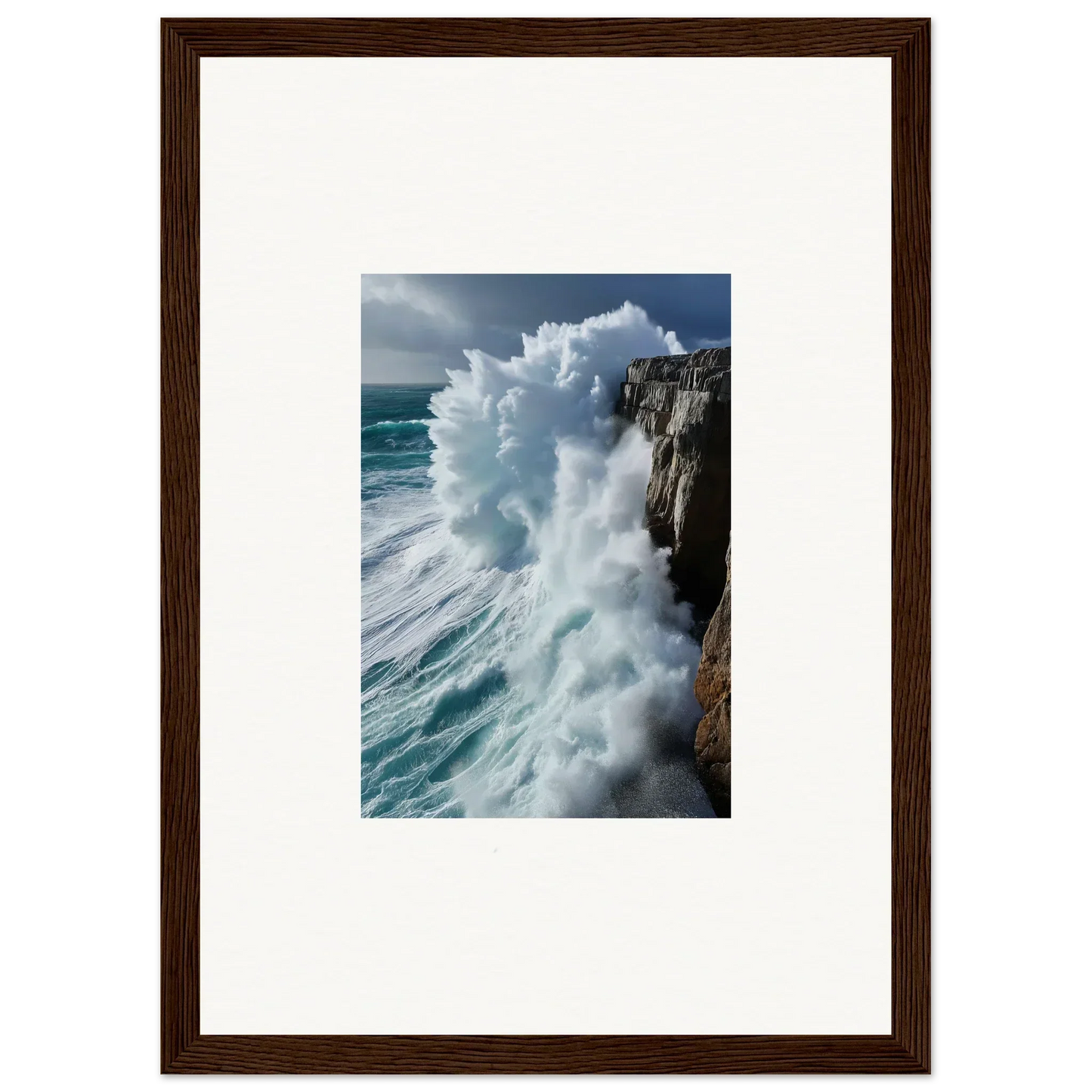 Powerful ocean wave crashing on rocky cliff in Rhapsody Aqua Resonances wall art