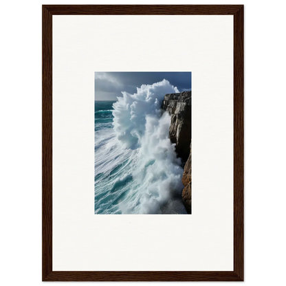 Powerful ocean wave crashing on rocky cliff in Rhapsody Aqua Resonances wall art