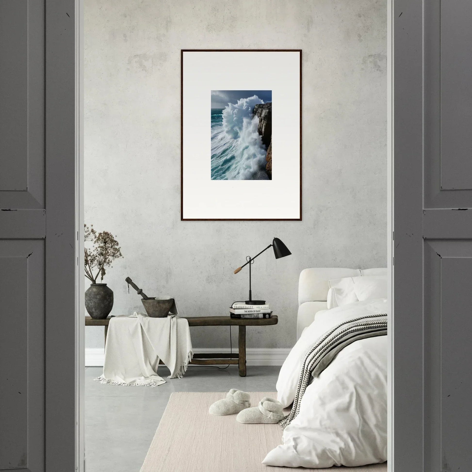 Framed wall art of crashing ocean waves, perfect for aqua resonances room decor