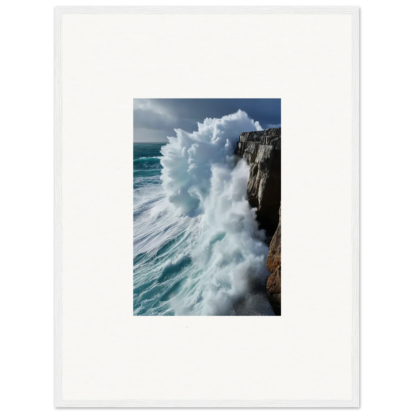 Powerful ocean wave crashing on rocky cliffs, perfect for Aqua Resonances room decor