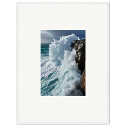 Powerful ocean wave crashing on rocky cliffs, perfect for Aqua Resonances room decor