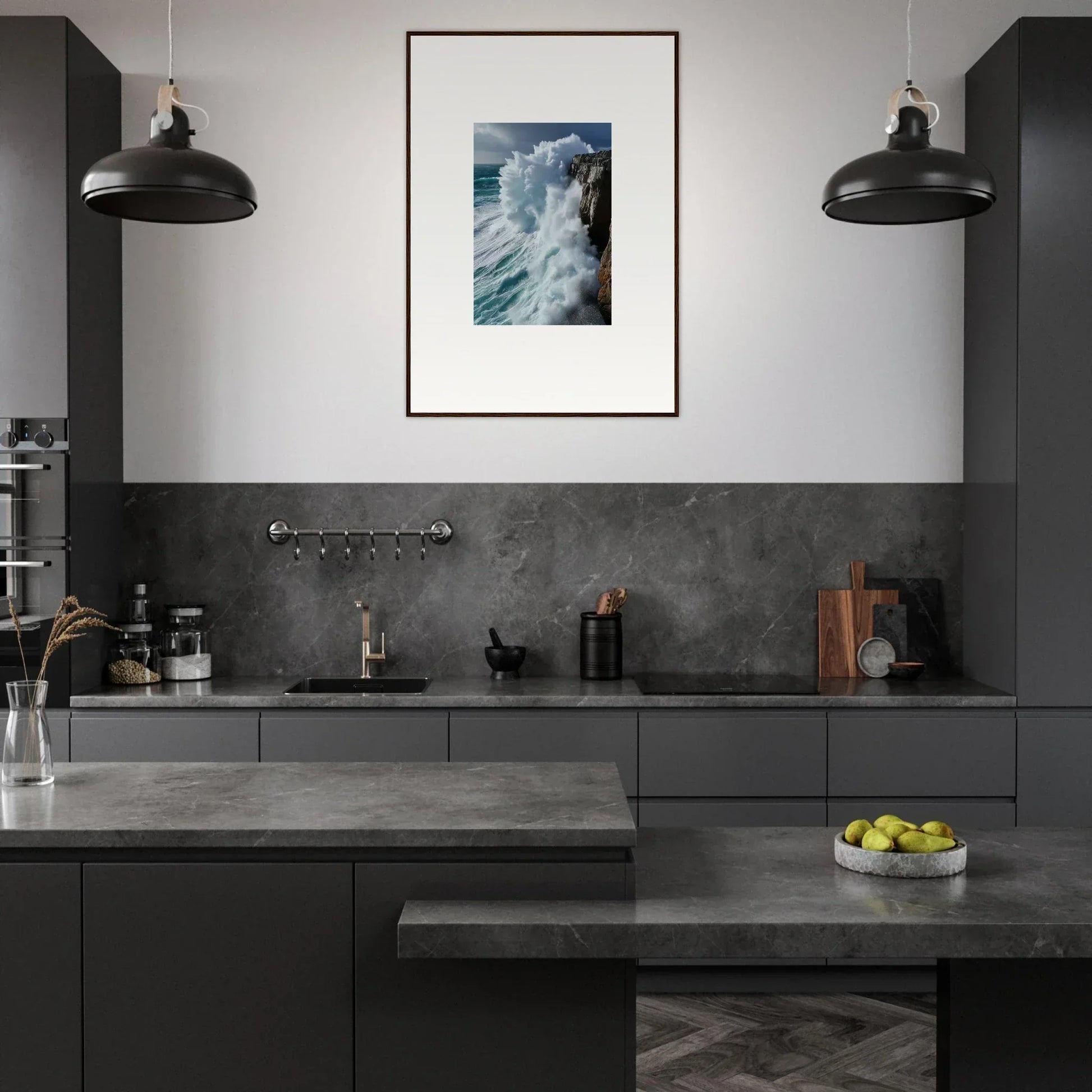 Modern kitchen with dark cabinetry and framed wall art featuring Aqua Resonances