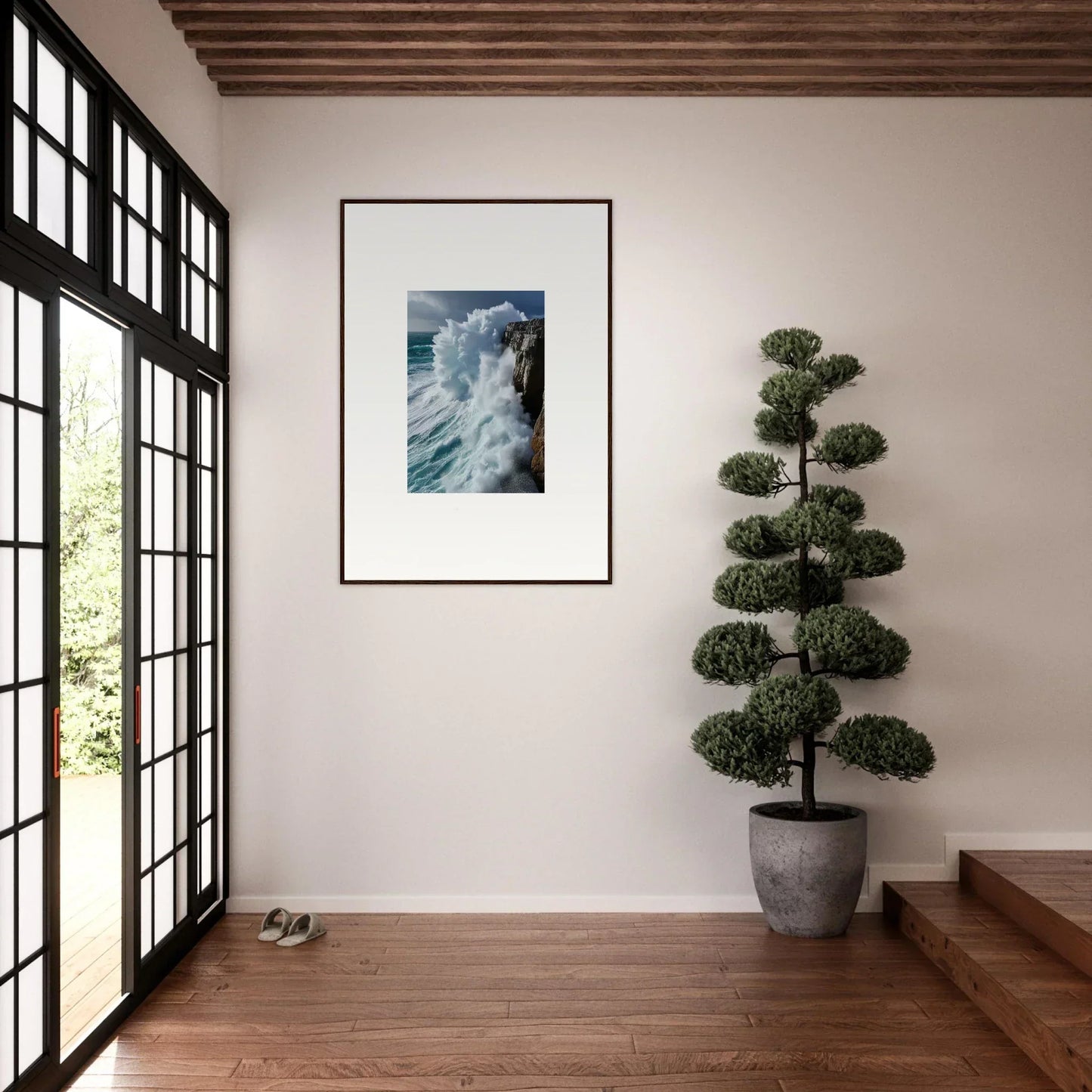 Framed wall art of crashing ocean waves enhances any room decor with Aqua Resonances