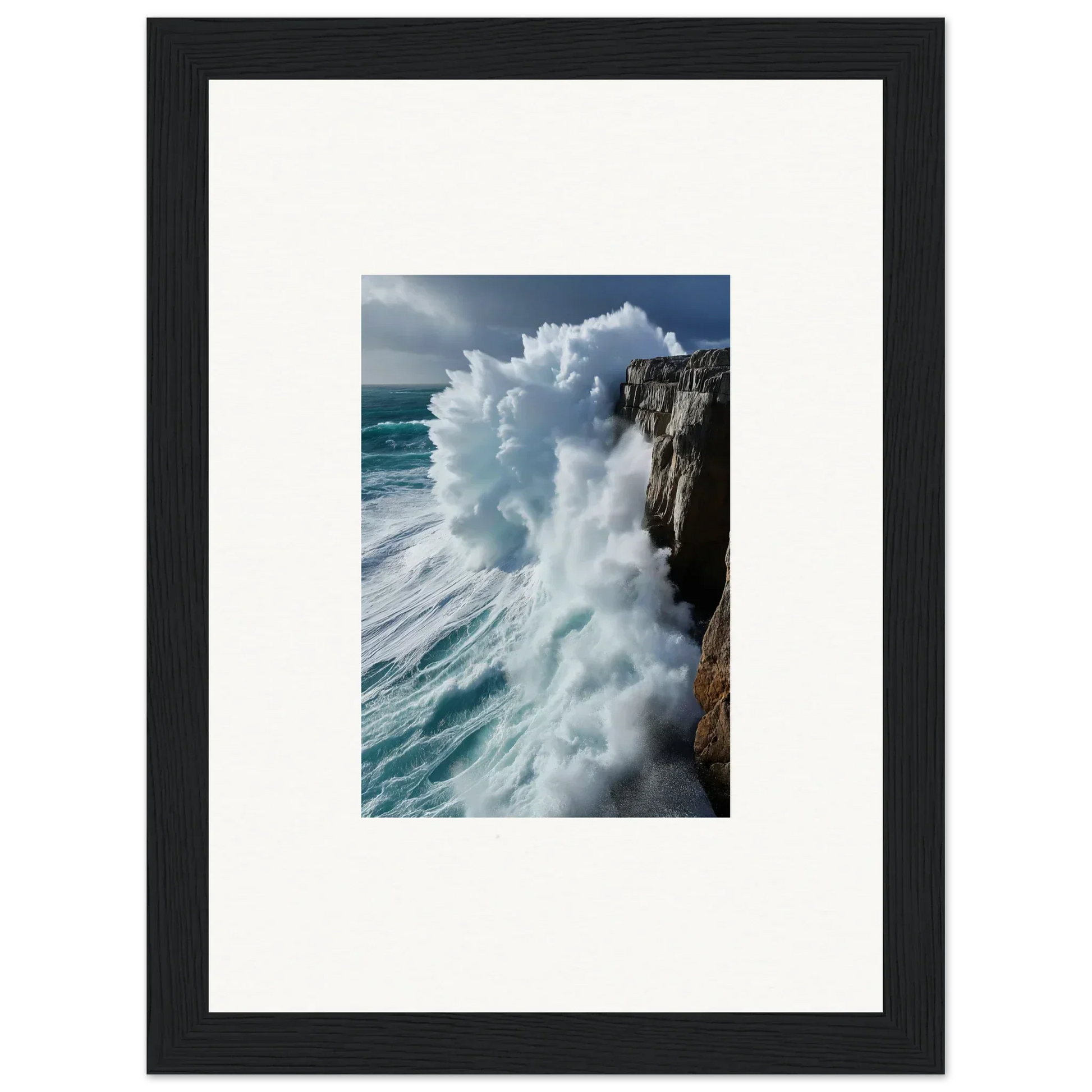 Powerful ocean wave crashing on rocky cliff in Rhapsody Aqua Resonances wall art