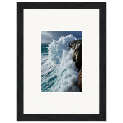 Powerful ocean wave crashing on rocky cliff in Rhapsody Aqua Resonances wall art