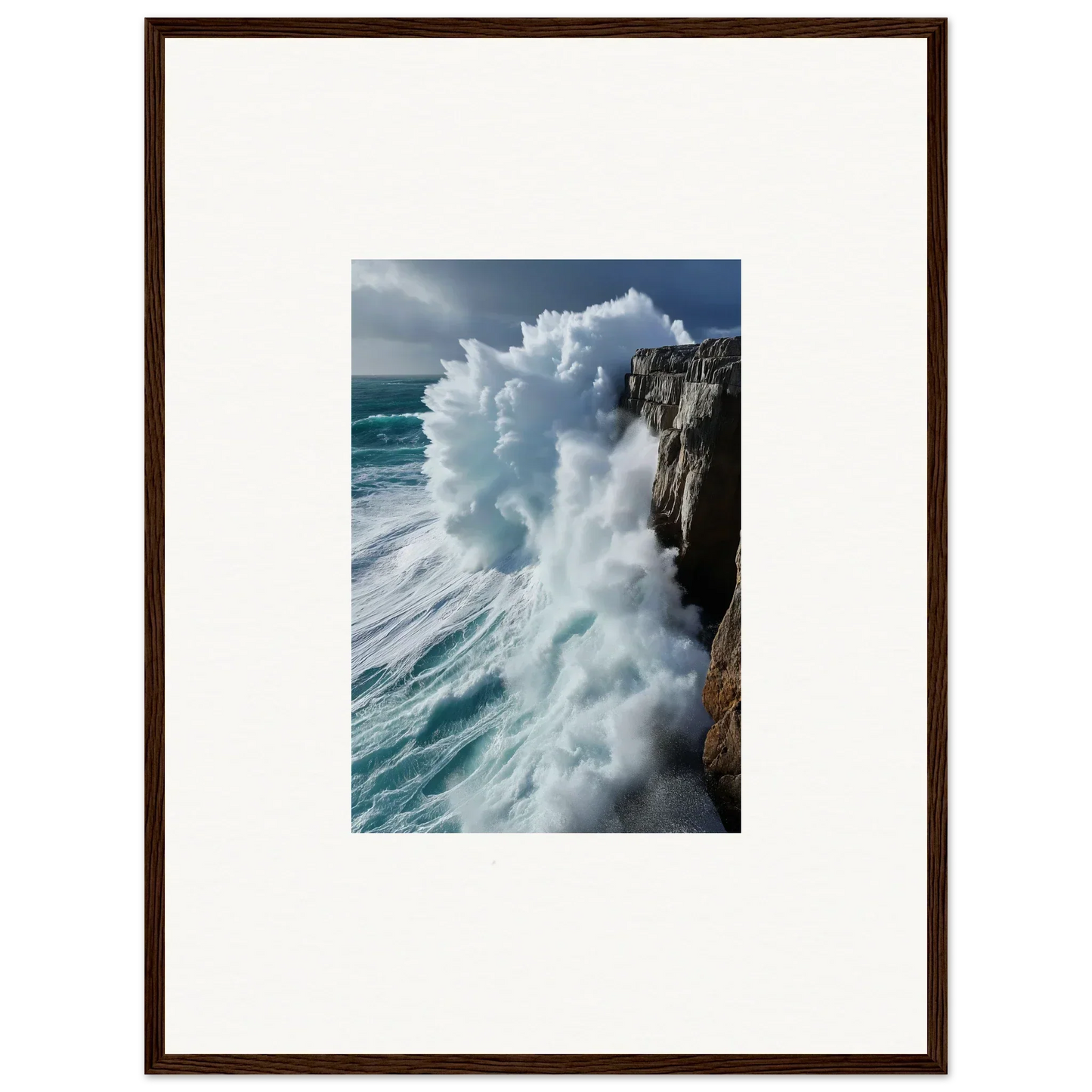 Powerful ocean wave crashing against rocky cliff in Aqua Resonances wall art