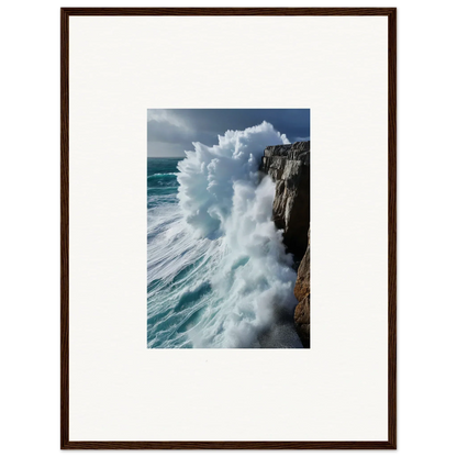 Powerful ocean wave crashing against rocky cliff in Aqua Resonances wall art