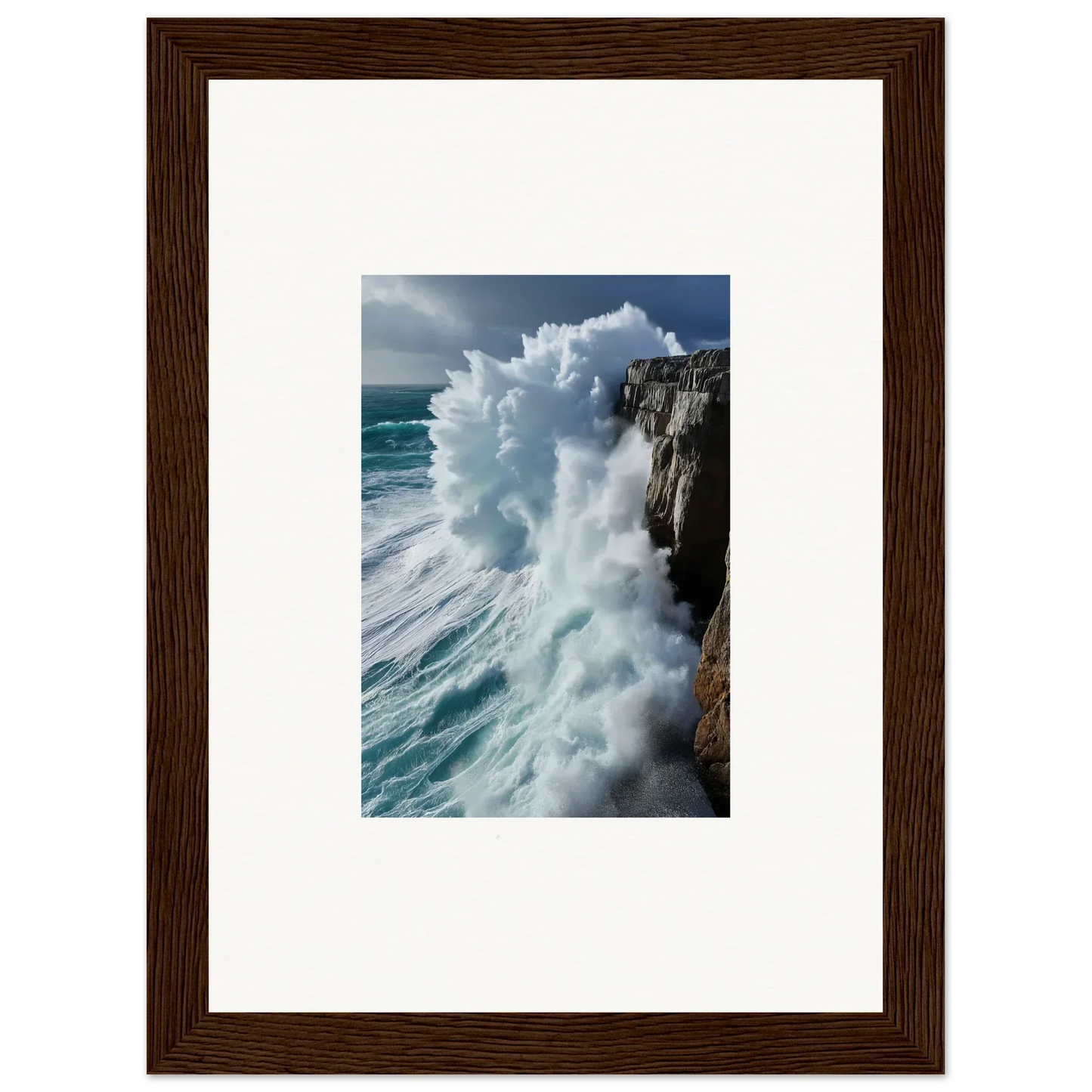 Powerful ocean wave crashing on rocky cliff, perfect for Aqua Resonances wall art decor