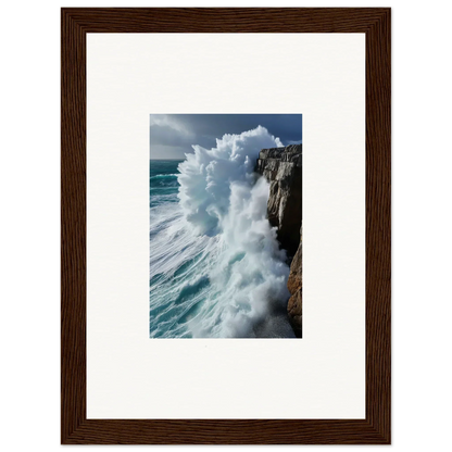 Powerful ocean wave crashing on rocky cliff, perfect for Aqua Resonances wall art decor