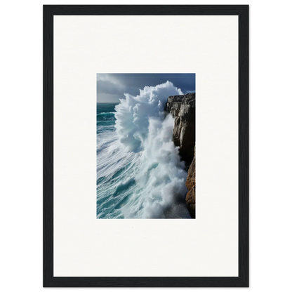 Powerful ocean wave crashing on a rocky cliff in Aqua Resonances framed wall art