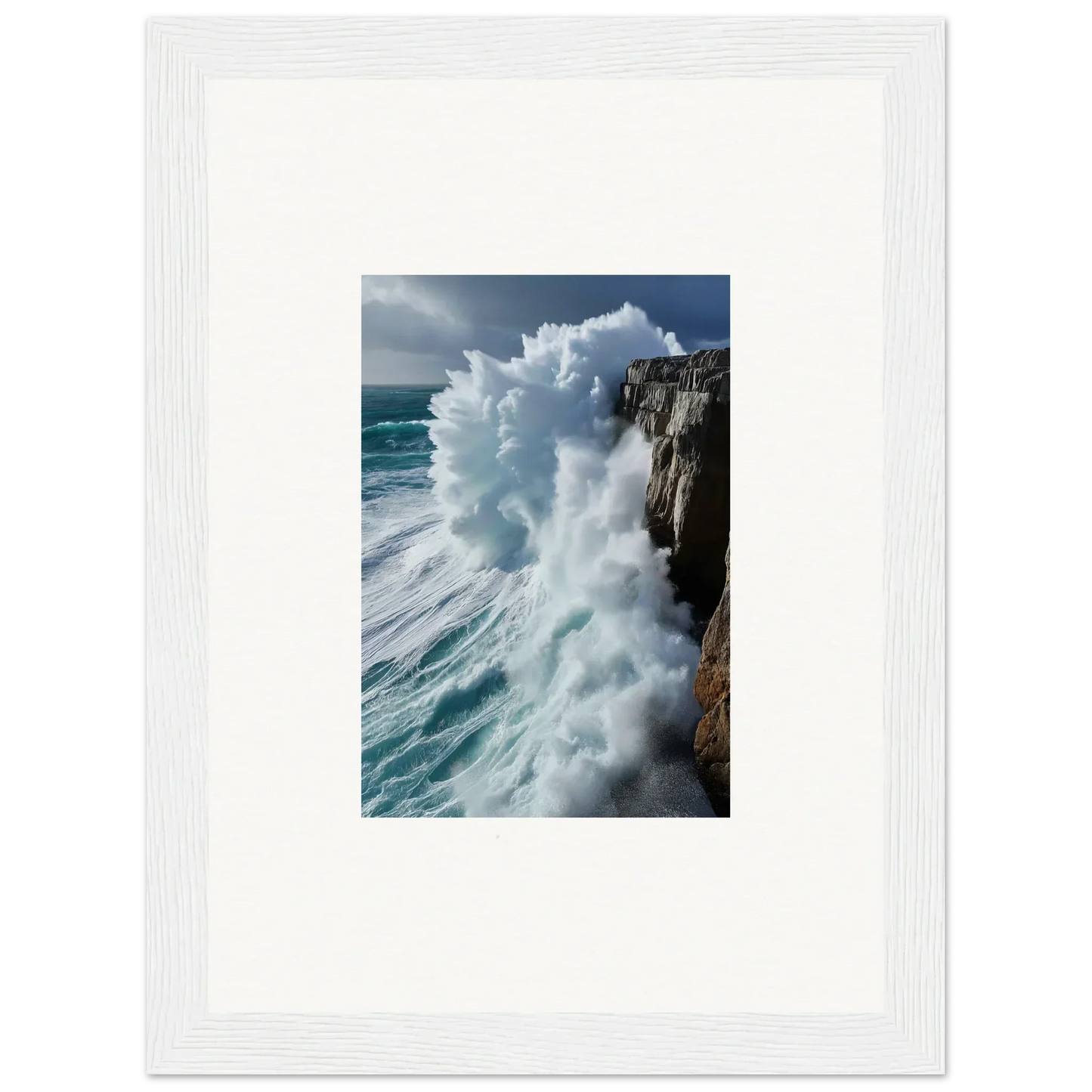 Powerful ocean wave crashing on rocky cliff, perfect for Aqua Resonances wall art