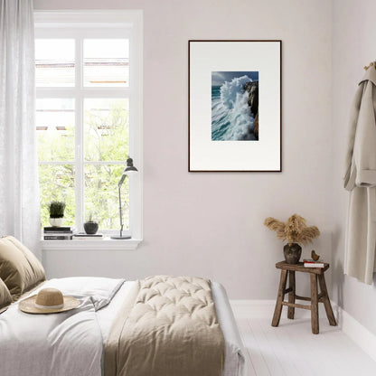 Bright airy bedroom showcasing aqua resonances framed wall art of ocean waves