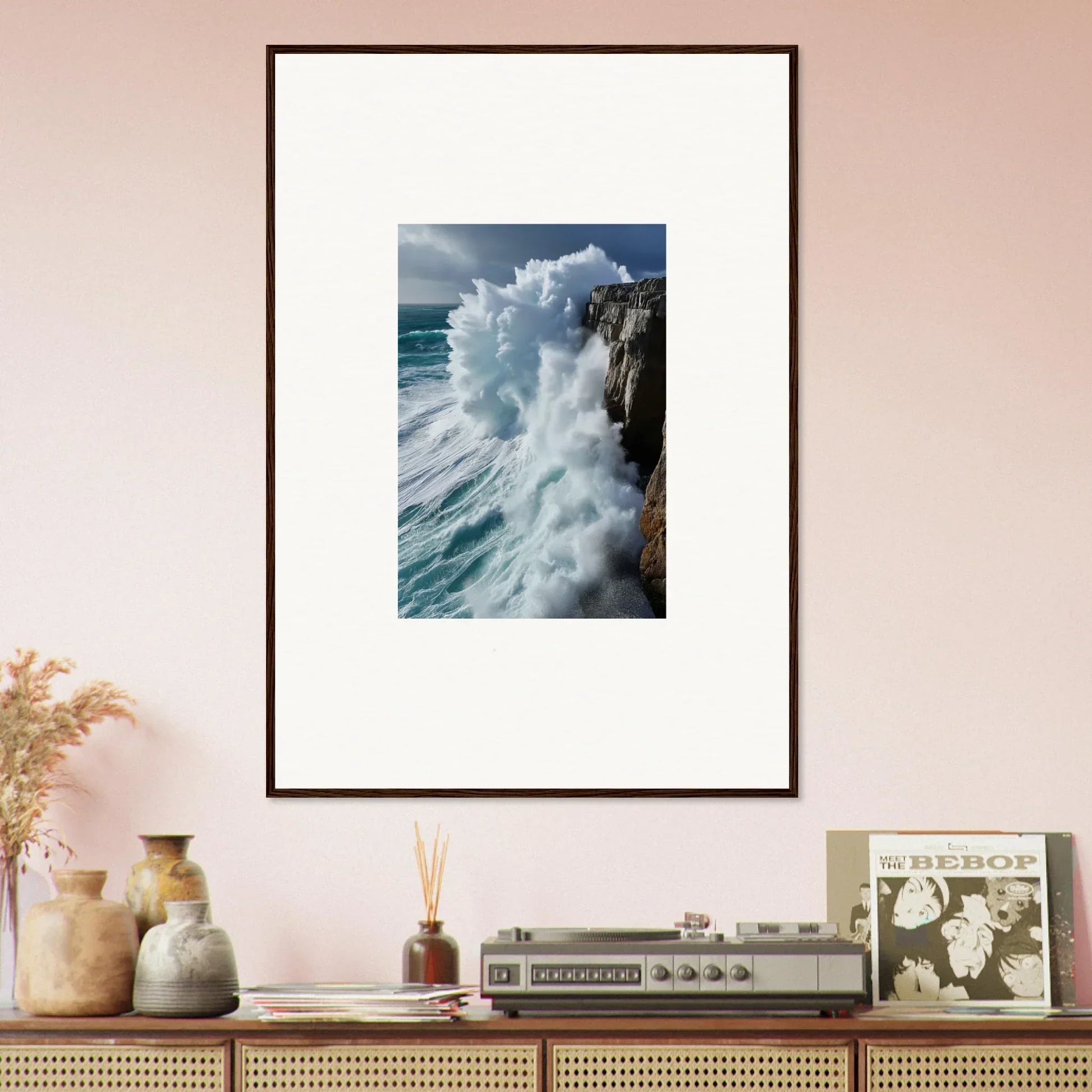 Framed wall art of a crashing ocean wave, perfect aqua resonances room decor