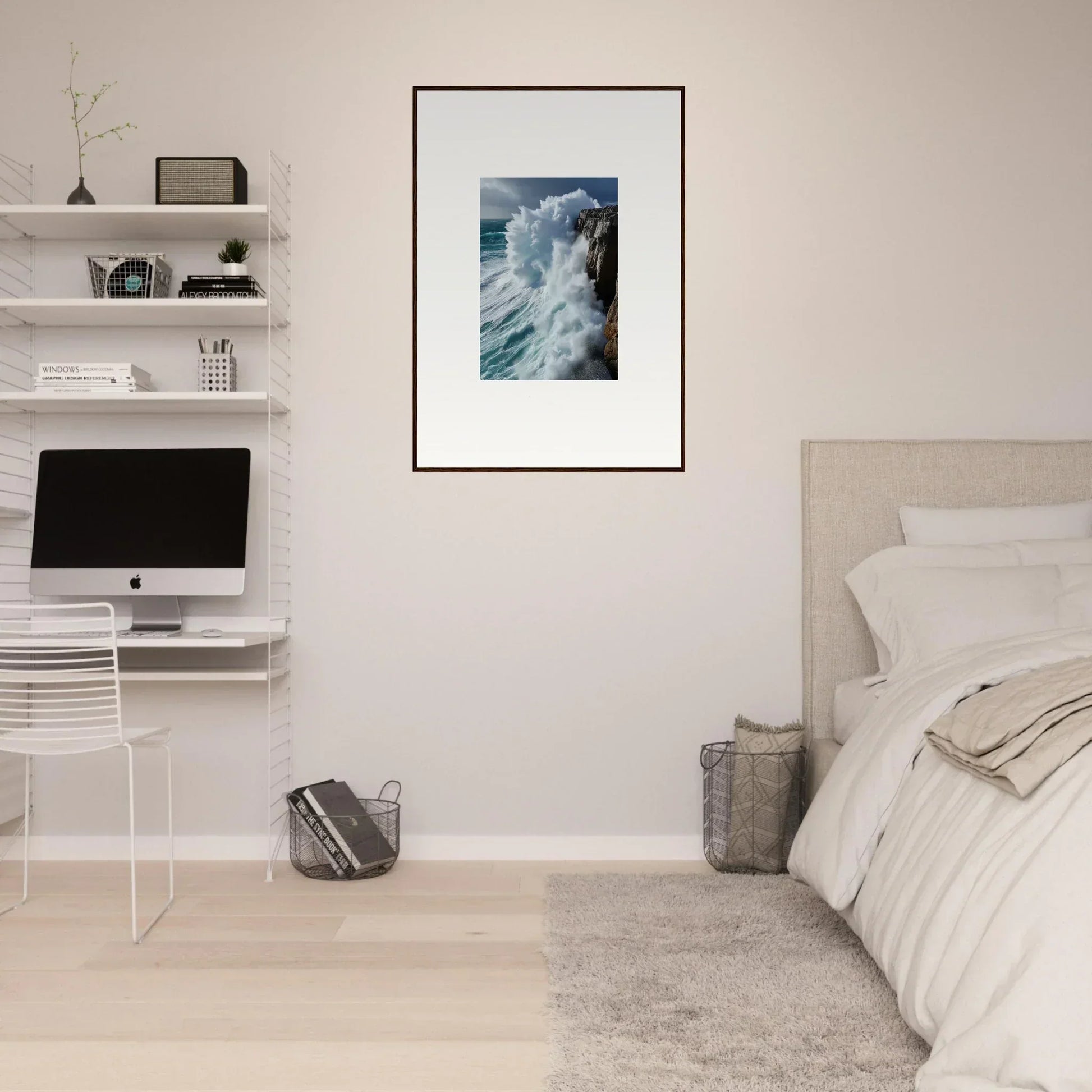 Framed wall art of crashing ocean waves, perfect for aqua resonances room decor