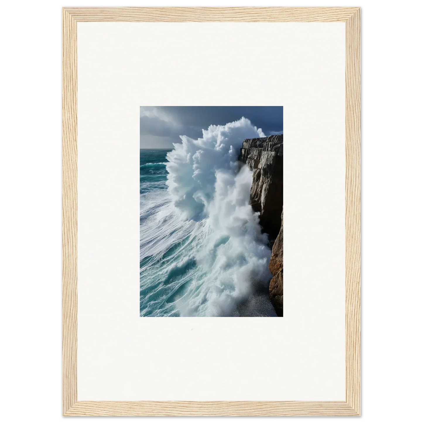 Framed wall art of aqua resonances with ocean waves crashing on rocky cliffs