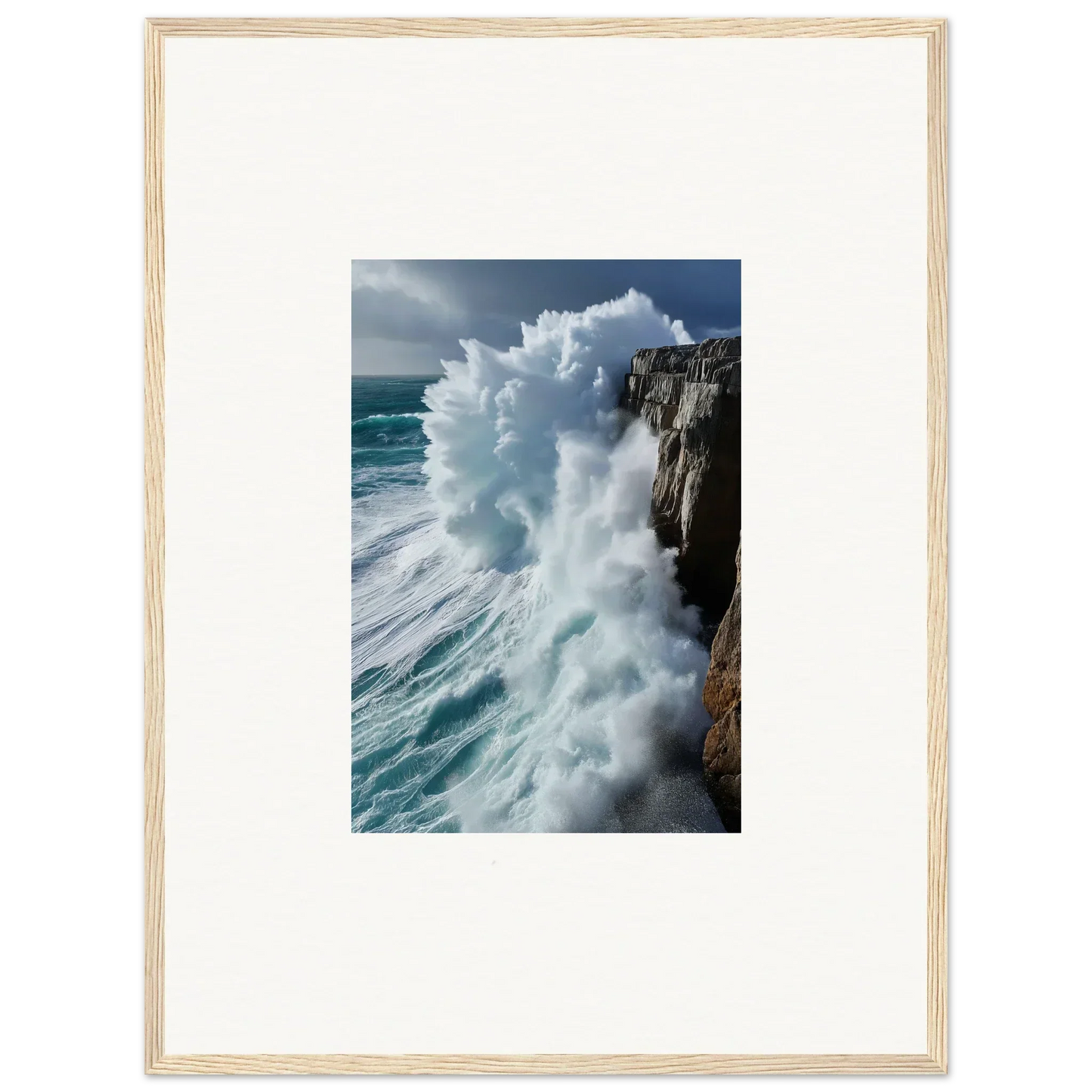 Powerful ocean wave crashing on rocky cliffs in aqua resonances framed wall art