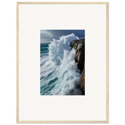 Powerful ocean wave crashing on rocky cliffs in aqua resonances framed wall art