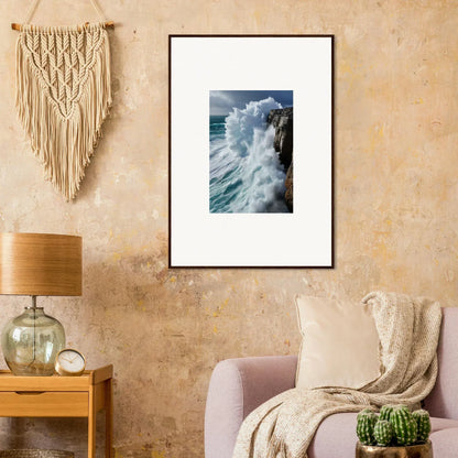 Framed wall art of aqua resonances with crashing waves against rocky cliffs