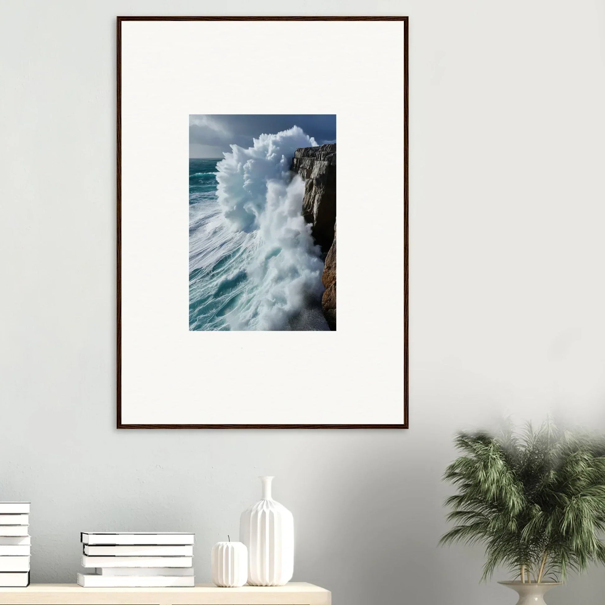 Framed wall art of aqua resonances with ocean waves crashing against a rocky cliff