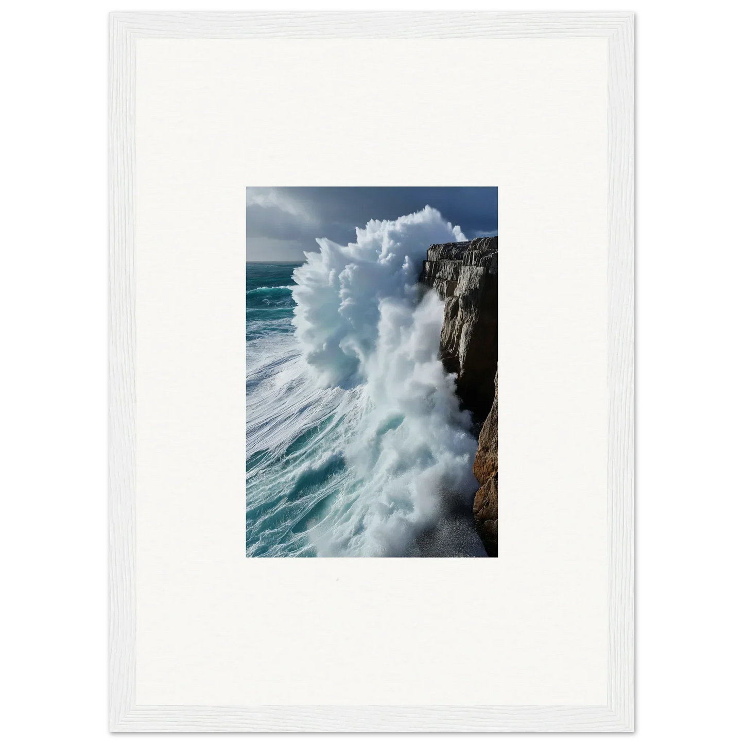 Powerful ocean wave crashing on rocky cliff, framed wall art for aqua resonances room decor