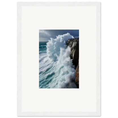 Powerful ocean wave crashing on rocky cliff, framed wall art for aqua resonances room decor