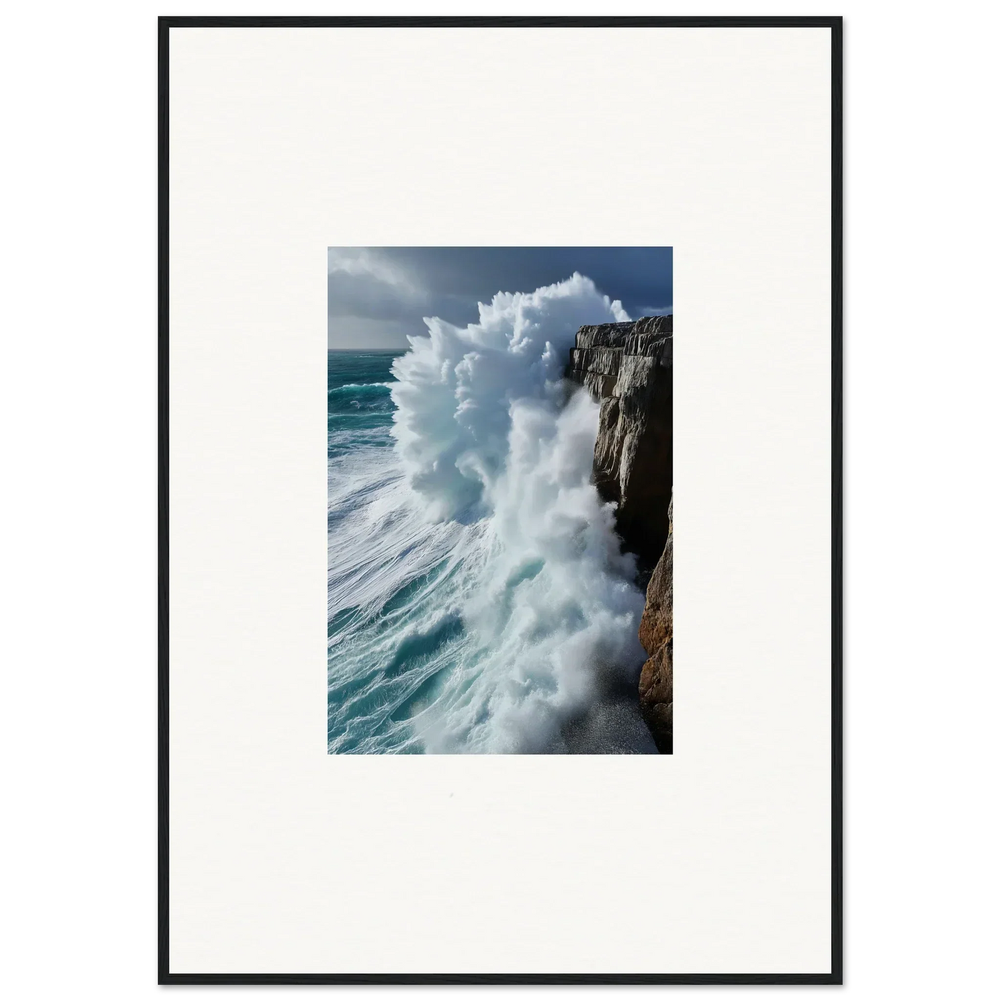 Powerful ocean wave crashing on a rocky cliff in Aqua Resonances framed wall art