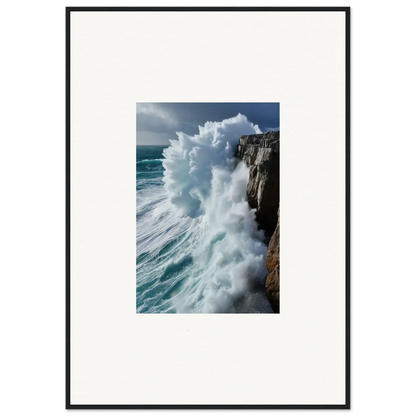 Powerful ocean wave crashing on a rocky cliff in Aqua Resonances framed wall art