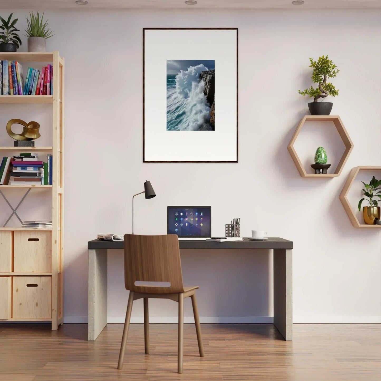 Home office workspace featuring Aqua Resonances decor, desk, chair, and wall art