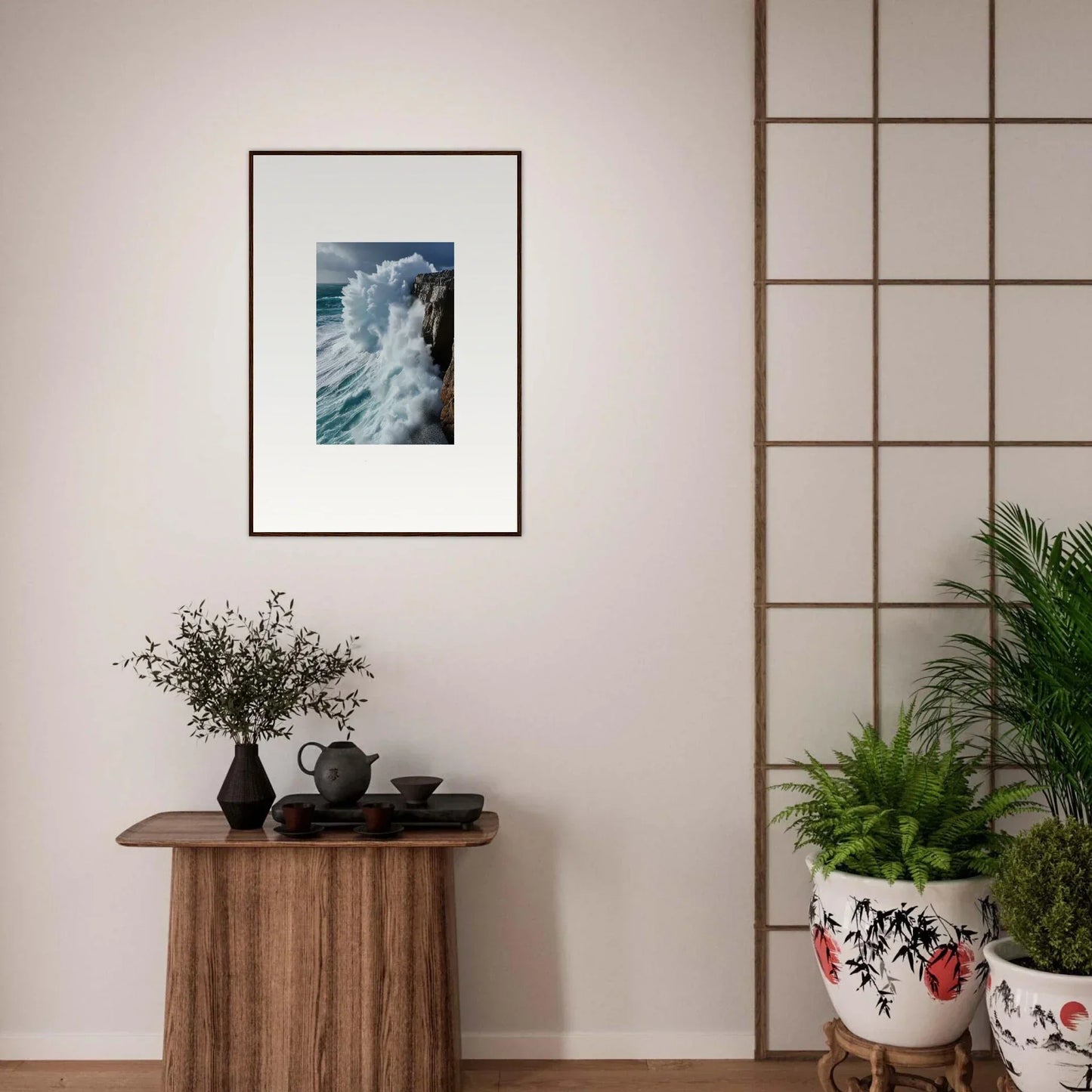 Framed wall art of crashing ocean waves, perfect for aqua resonances room decor