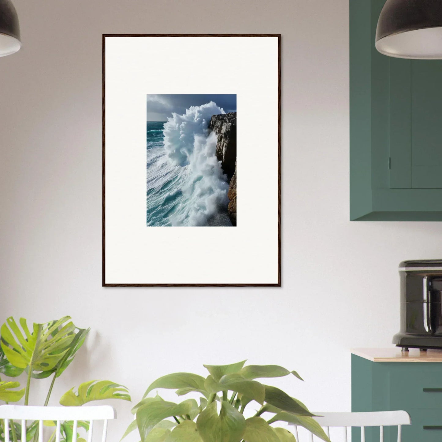 Framed wall art of crashing ocean waves for stunning aqua resonances room decor