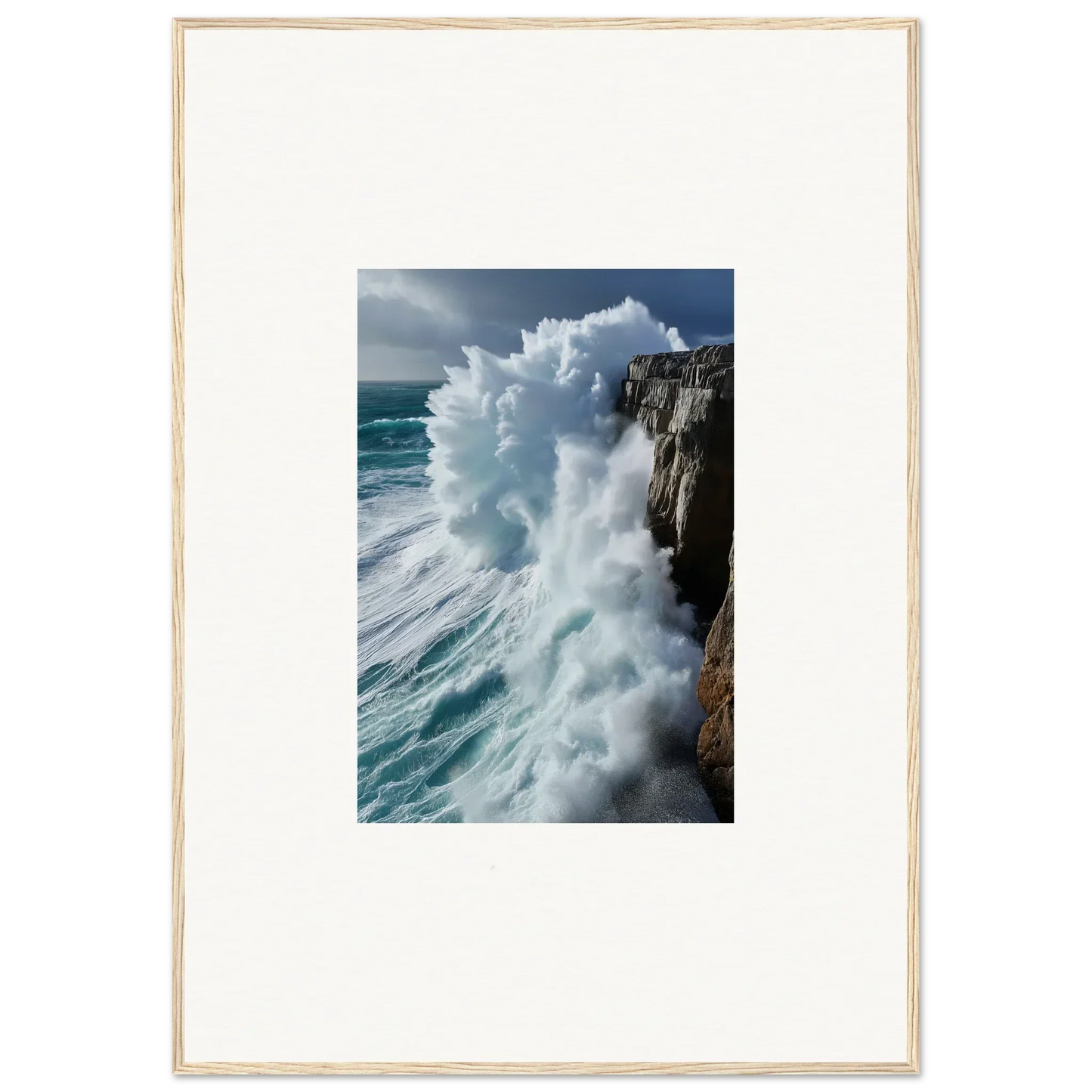 Powerful ocean wave crashing on rocky cliff, perfect for Aqua Resonances room decor