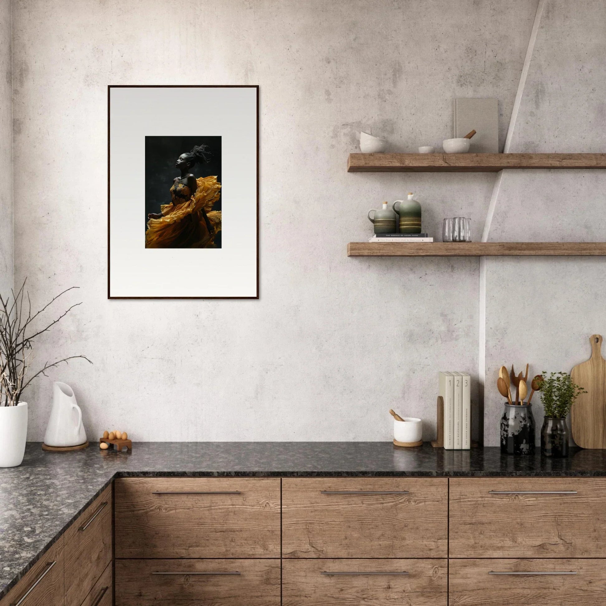 Modern kitchen with wooden cabinetry, open shelving, and a framed artwork on the wall.