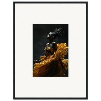 Striking black and white photograph of a person enveloped in flowing golden fabric against a dark background.