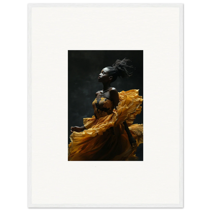 A dramatic portrait of a figure in motion, wrapped in flowing golden fabric against a dark background.