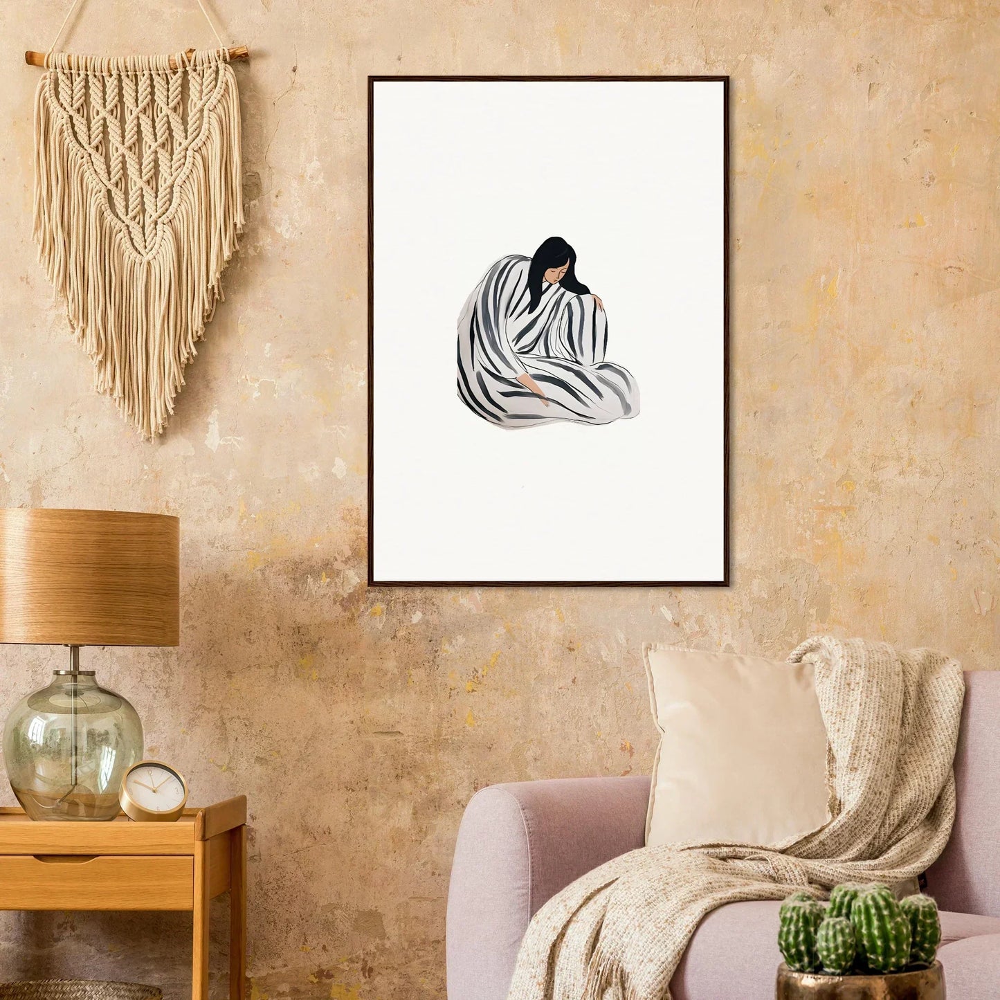 Framed minimalist wall art of a figure in flowing fabric for stylish room decoration