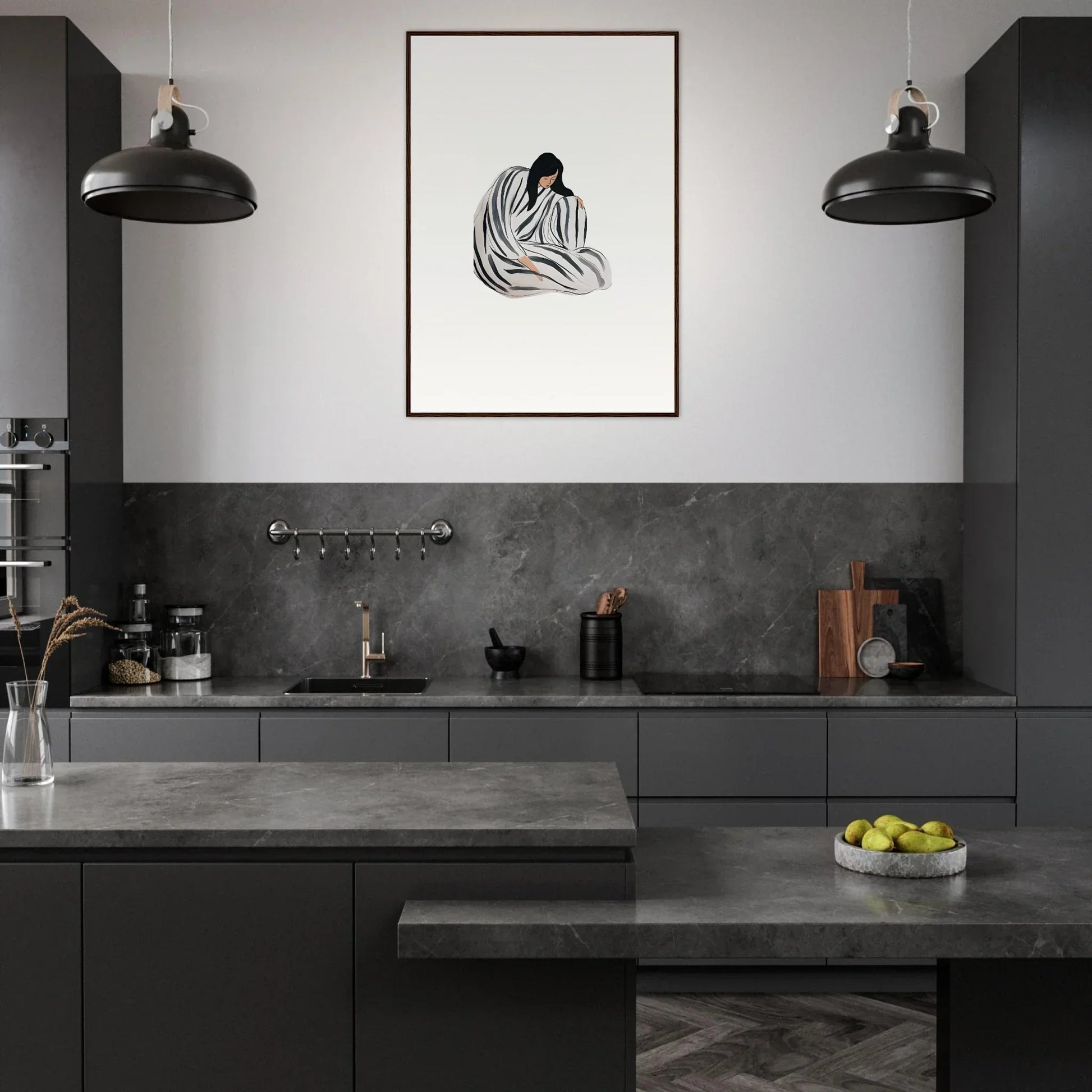 Modern minimalist kitchen featuring dark cabinetry and a stunning zebra canvas print wall art