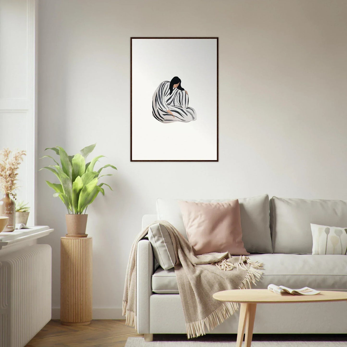 Framed minimalist line drawing of a seated figure, perfect for room decoration or wall art