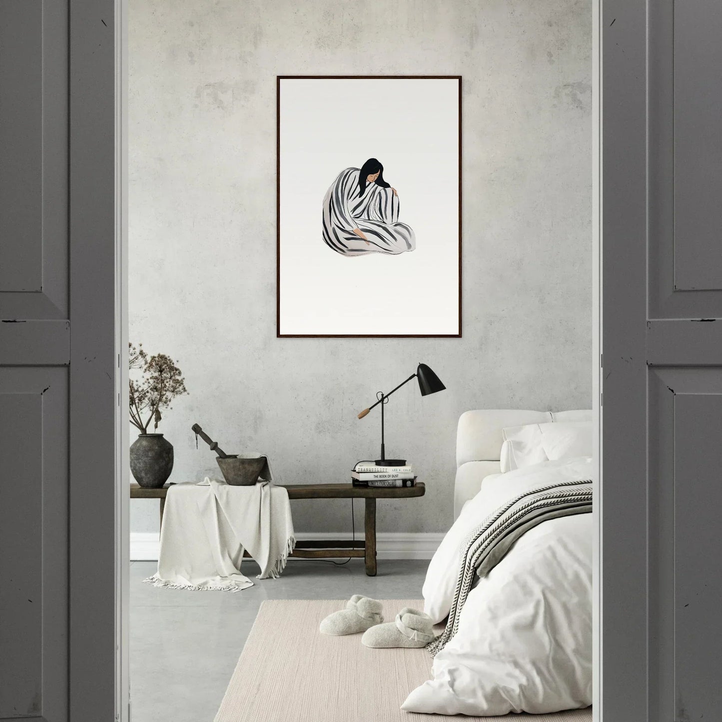 Framed minimalist line drawing of a seated figure, perfect wall art for room decoration