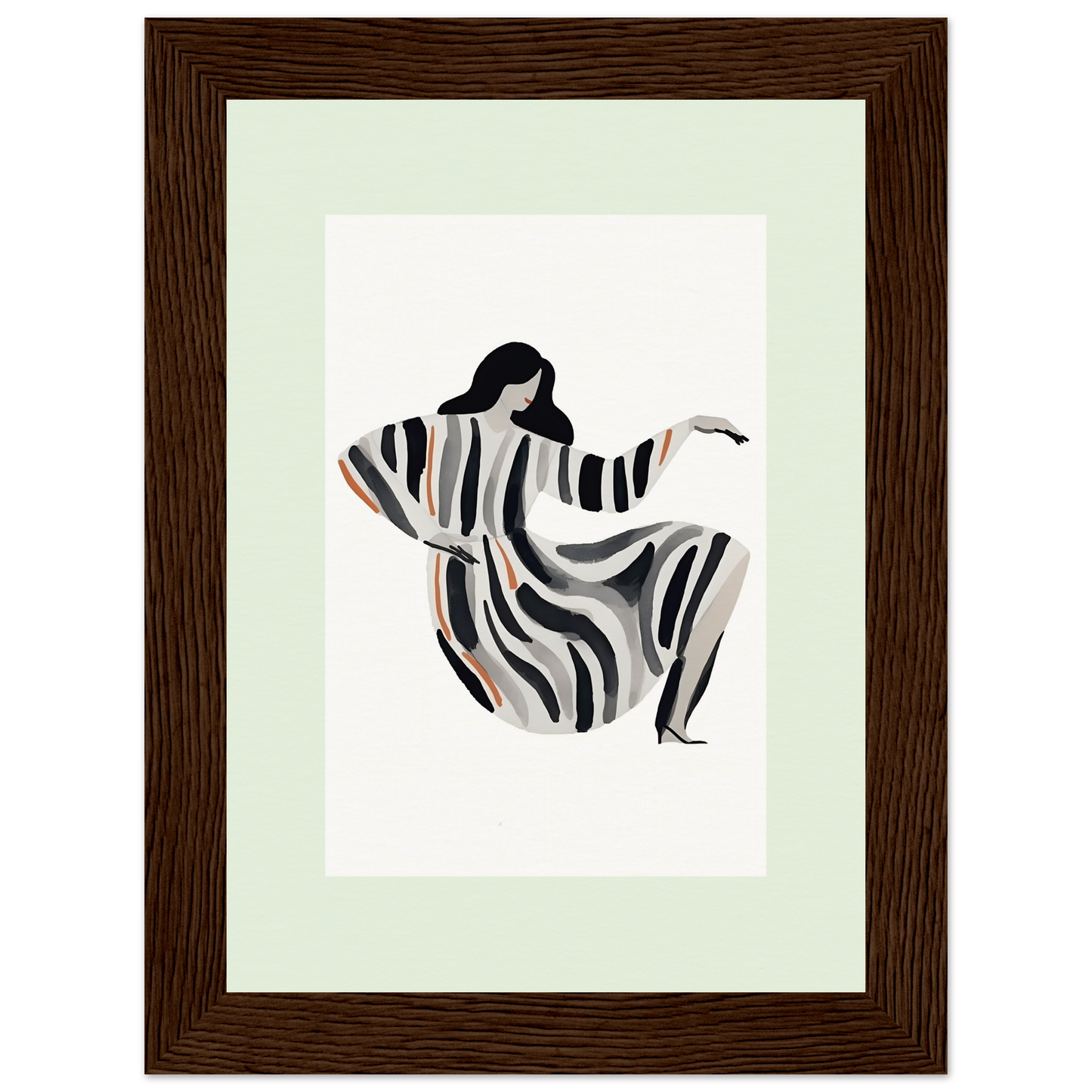 Stylized figure of a person in a flowing striped garment.