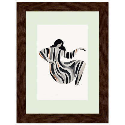 Stylized figure of a person in a flowing striped garment.