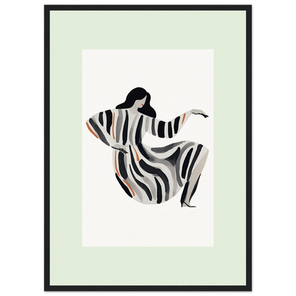 Abstract figure of a person in flowing, striped clothing with outstretched arm.