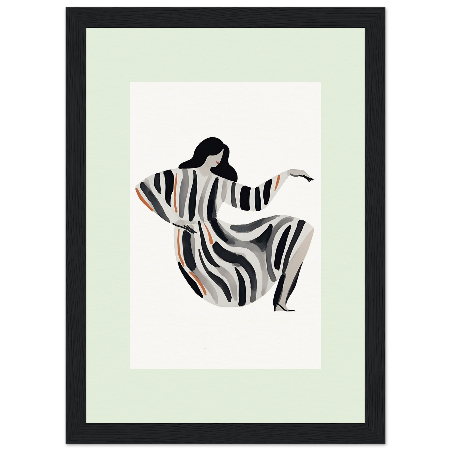 Stylized figure of a woman in a flowing striped dress with outstretched arms.