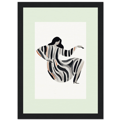 Stylized figure of a woman in a flowing striped dress with outstretched arms.