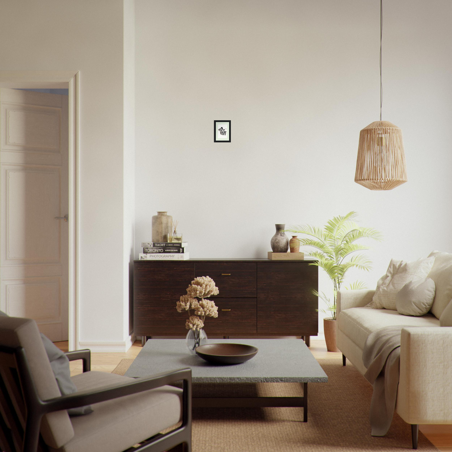 Living room with mid-century modern furniture and neutral color scheme.