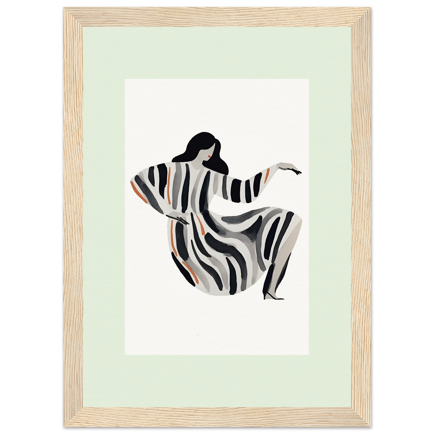 Stylized figure in a flowing striped garment with outstretched arms.