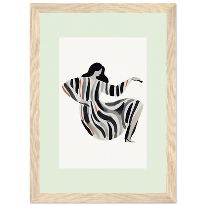 Stylized figure in a flowing striped garment with outstretched arms.